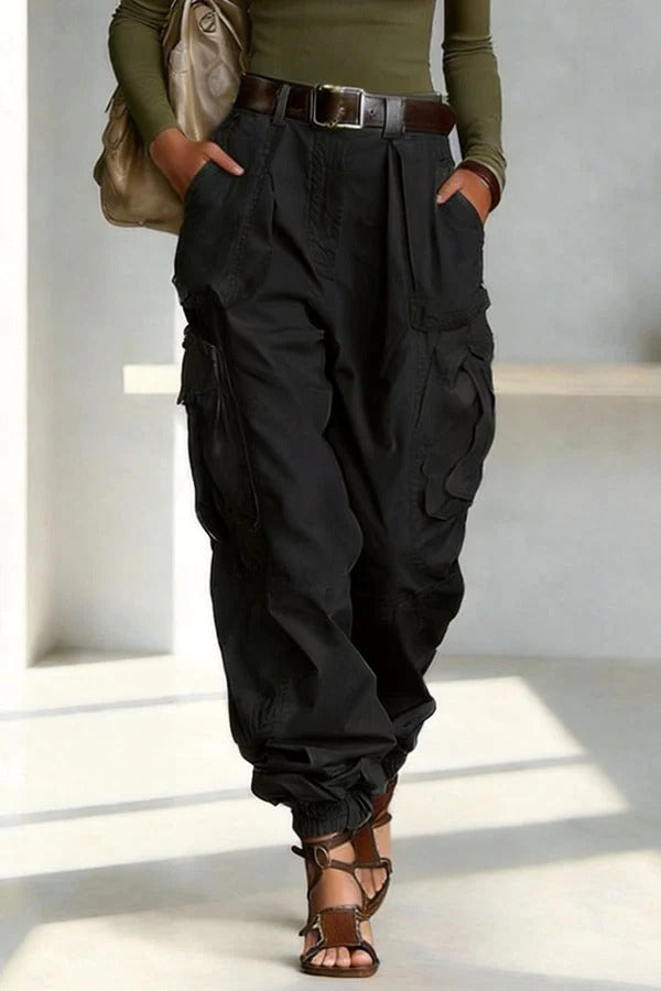 Street Style Solid Color High Waist Pocketed Loose Fit Cargo Pants