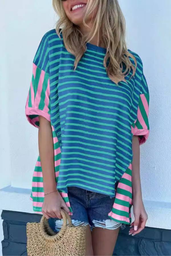 Color Block Stripe Patchwork Irregular Hem Oversized Batwing Sleeve T Shirt