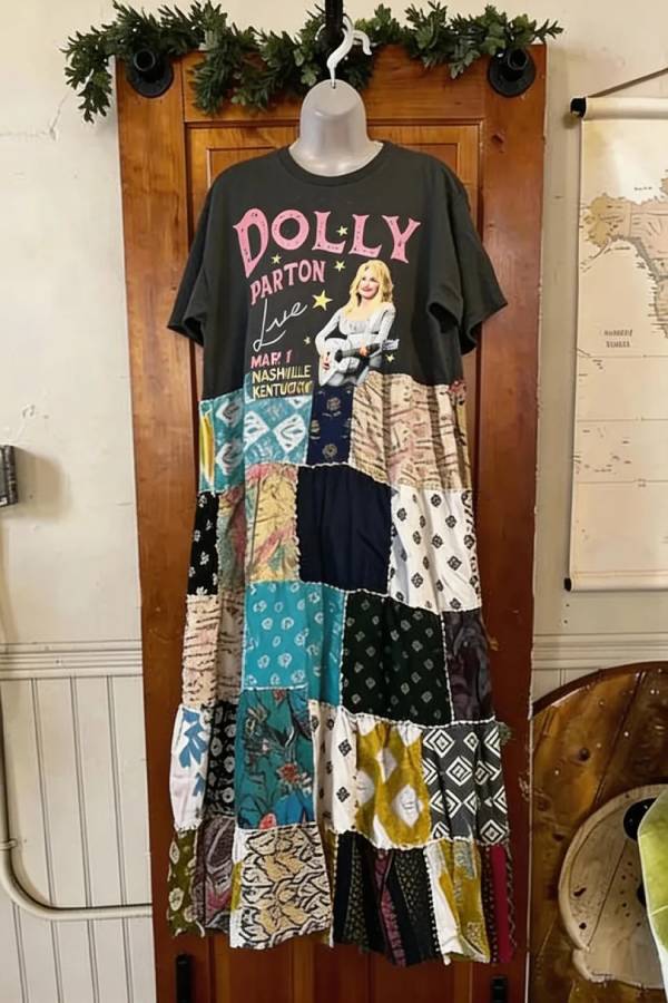 Dolly Parton Country Music Patchwork Midi Dress
