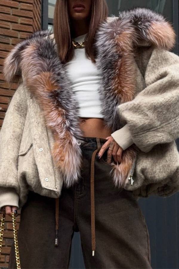 Short Hooded Wool Blend Coat With Large Fur Collar