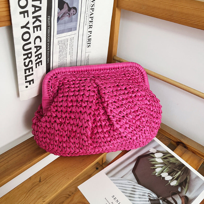 Ruched Woven Cloud Straw Clutch Bag