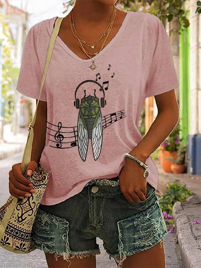 Women's The Great Cicada Comeback Tour 2024 Year Of The Cicada Print V-Neck T-Shirt