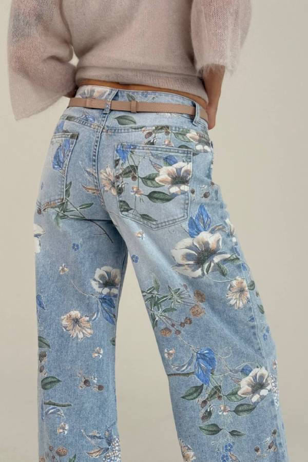 Vintage Floral Print High‑Waist Wide‑Leg Jeans