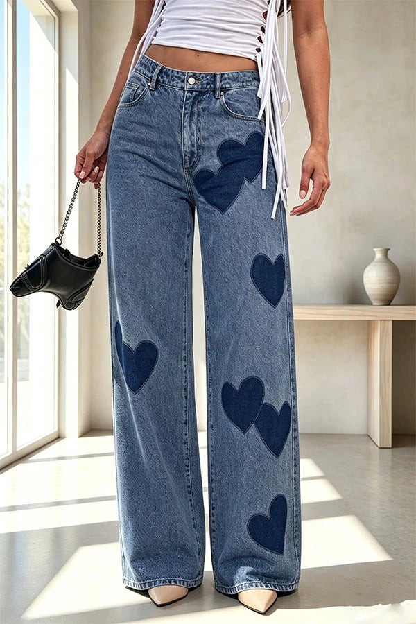 Retro Casual Denim Heart Print High Rise Pocket Wide Leg Jeans