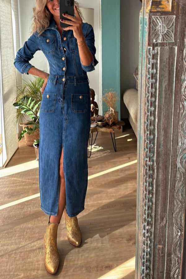 Tessy Denim Metal Button Zipper Shirt Stretch Pencil Slit Midi Dress