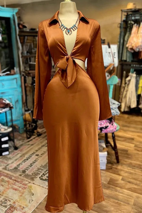 Beautiful V-Neck Hollow Long Sleeve Satin Dress