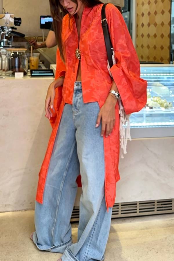 Garcella Satin Jacquard Printed Batwing Sleeve Loose Kimono Long Coat