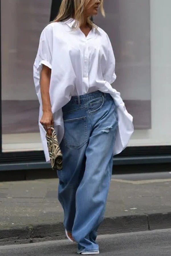 Street Style Denim Asymmetrical Pocket Design Mid Rise Distressed Wide Leg Jeans