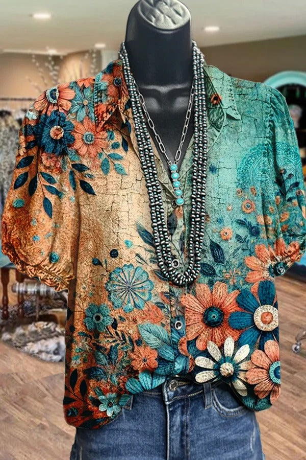 Retro Floral Print Collared Puff Sleeve Top