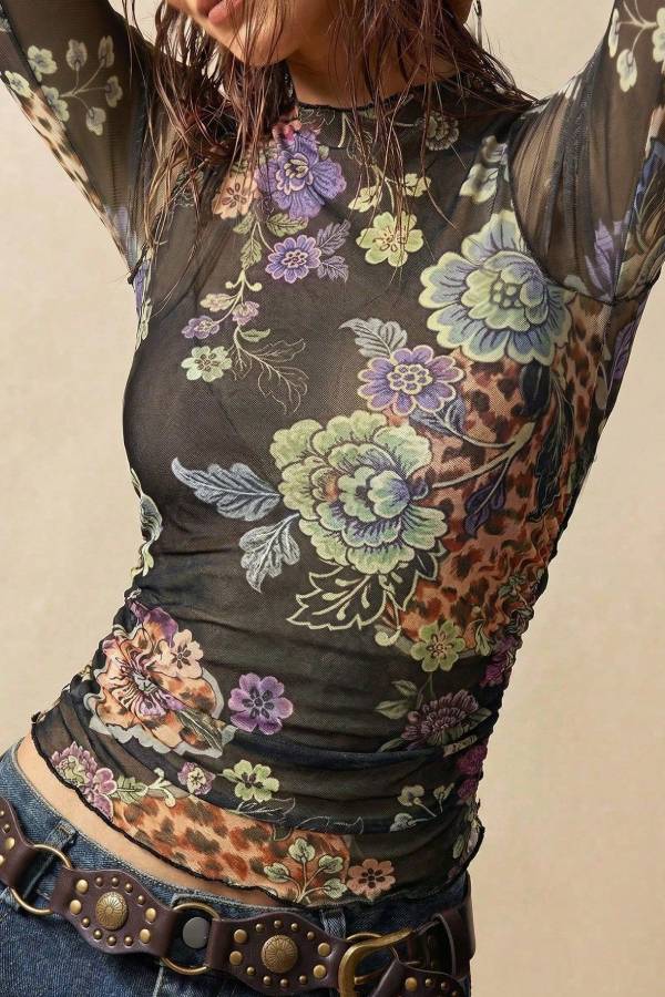 Vintage Floral Leopard Print Mock Neck Mesh Long Sleeve Top