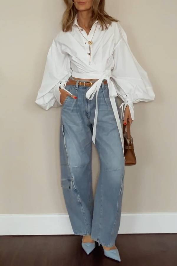 White Tie‑Waist Puff Sleeve Cropped Shirt