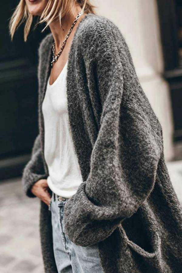 Comfortable Vib Knit Open Front Pocketed Oversized Midi Cardigan