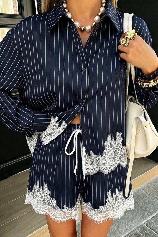 Anna Lace-trimmed Striped Shirt and Shorts Set