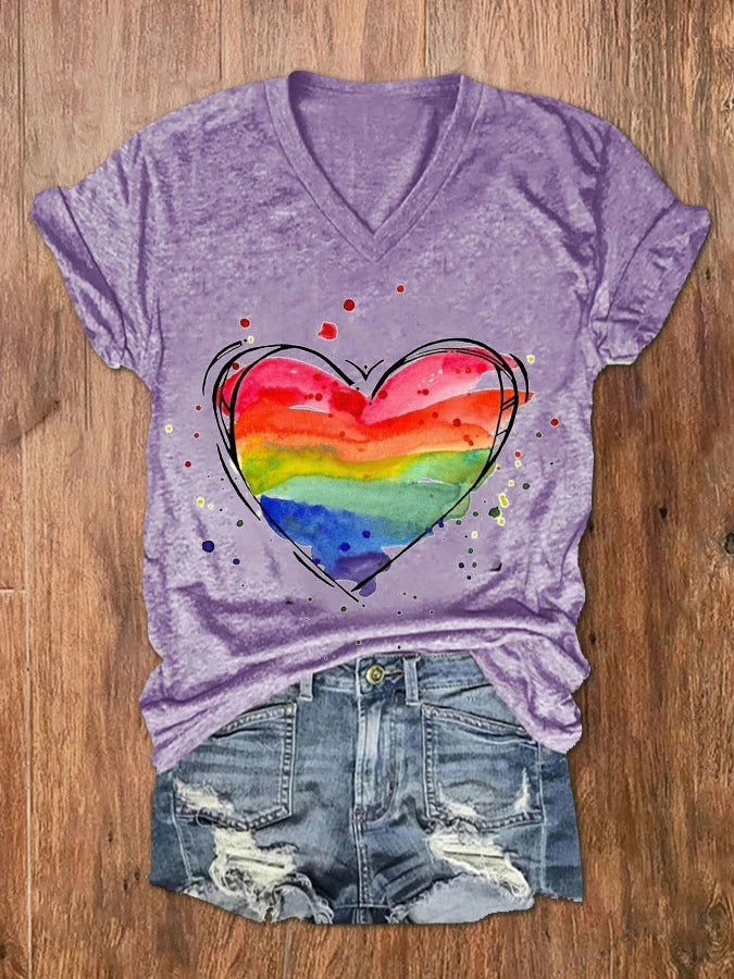 Women's Watercolor Love Heart Rainbow Print V-Neck T-Shirt