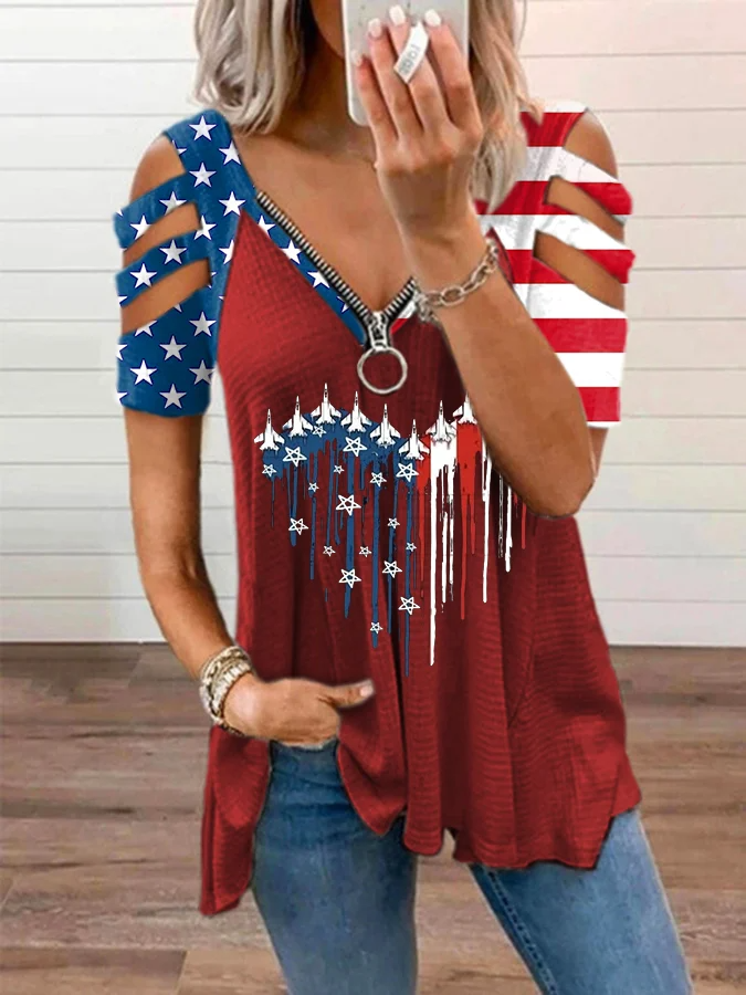 Women's Flag Printed V-Neck Zipper Casual T-Shirt