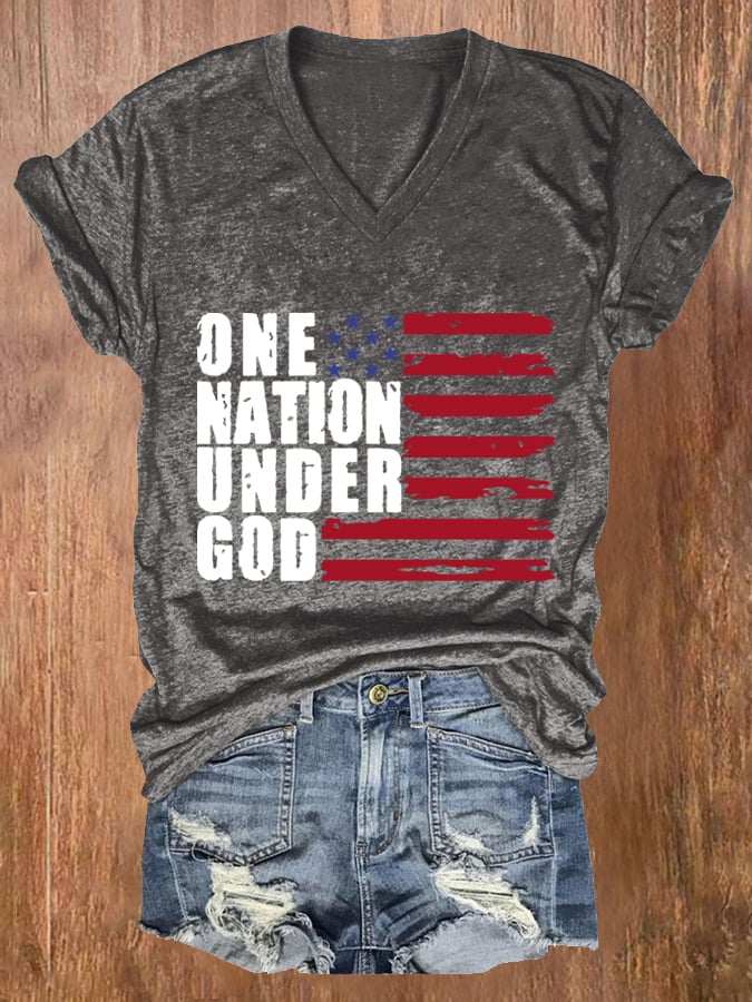 Women's One Nation Under God Print Casual V Neck T-shirt