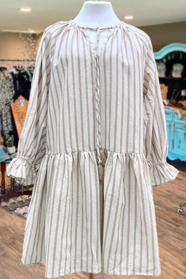 Striped Ruffle Sleeve Tassel Mini Dress