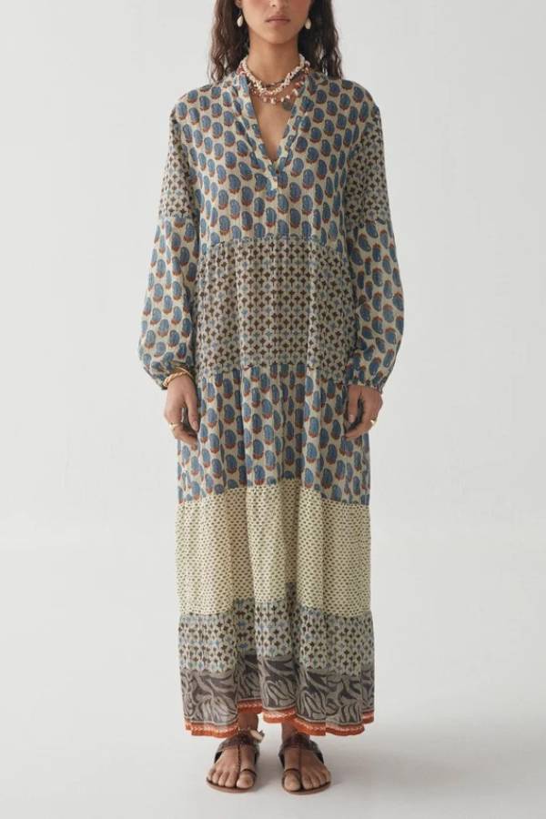 Bohemian Patchwork Print V‑Neck Long Sleeve Maxi Dress