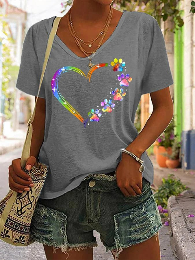 Women's Beautiful Colorful Heart Paw Print V-Neck Tee