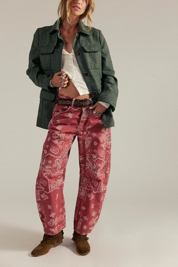 Vintage Paisley Print High Waist Straight Leg Jeans