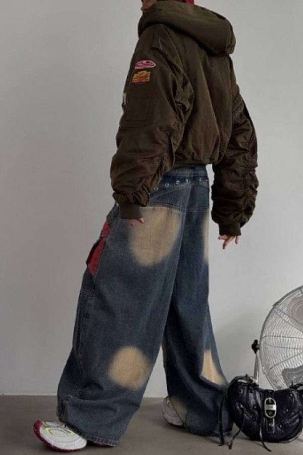 Vintage Washed Color‑Block Rivet Wide‑Leg Cargo Jeans