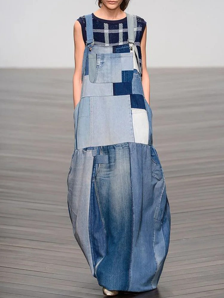 UR Casual Blue Spliced Denim Pinafore Maxi Dress