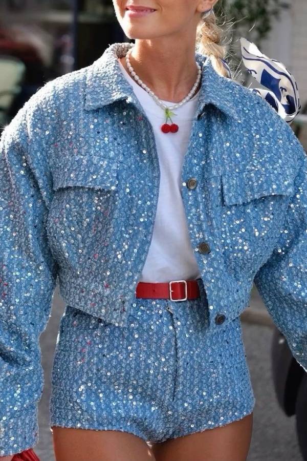 Sequin Denim Cropped Jacket & High Waist Shorts Two Piece Set