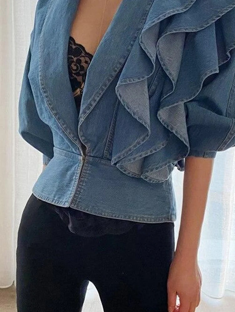 UR Fashion Plain Lapel Collar Spliced Ruffle Puff Sleeve Denim Shirt