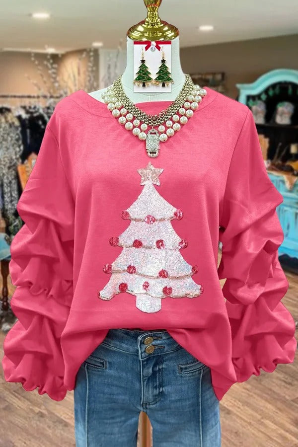 Christmas Tree Print Ruched Long Sleeve Top