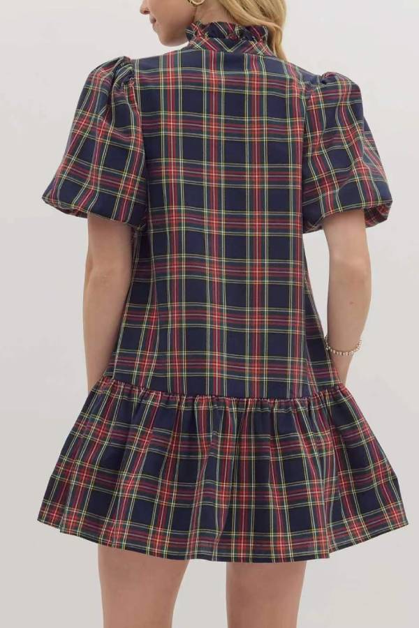 Puff Sleeve Ruffled Plaid A-Line Dress