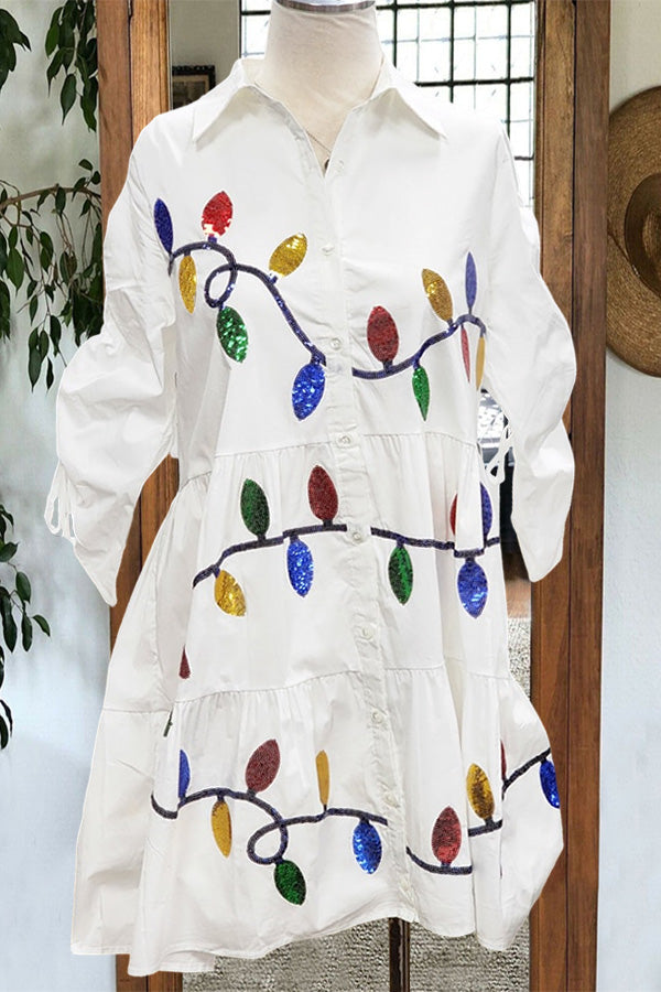 Sequin Christmas Lights Shirring Shirt Dress