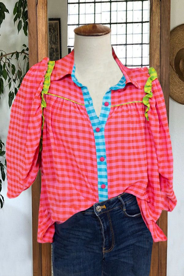 Multicolor Check Ruffle Detail Blouse