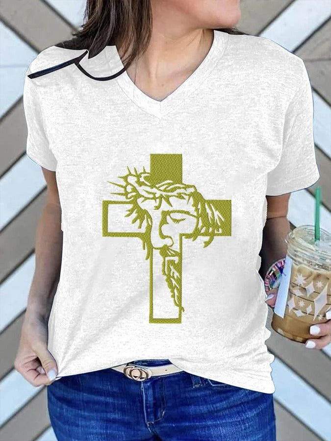 Women's Jesus Cross Print V Neck T-Shirt