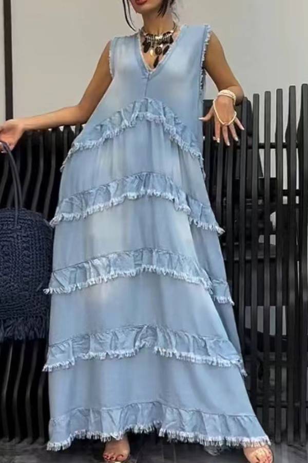 Sleeveless V-Neck Raw Edge Multi-Layer Ruffle Tiered Tencel Denim Maxi Dress