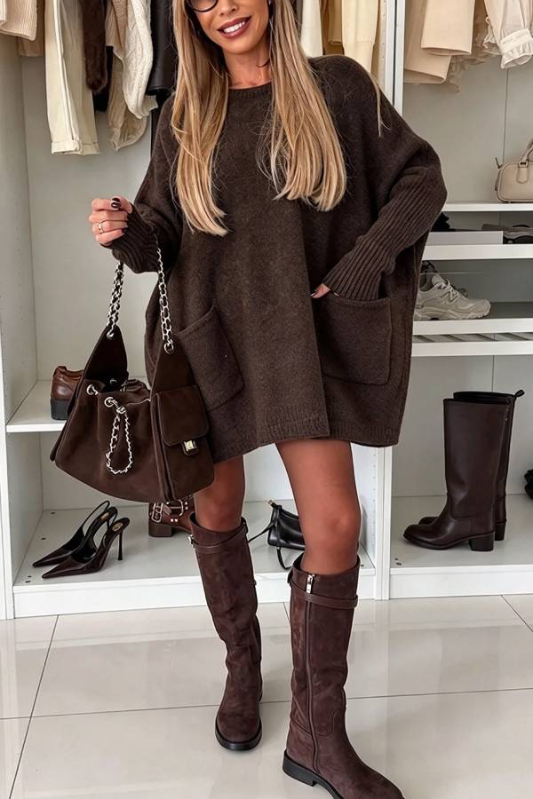 Warm Touch Knit Long Batwing Sleeve Pocket Oversized Sweater Mini Dress