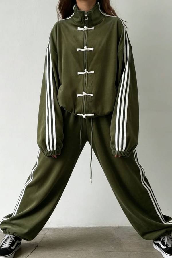 Chinese Frog Button Striped Tracksuit Two‑Piece Set