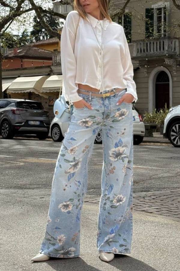 Vintage Floral Print High‑Waist Wide‑Leg Jeans