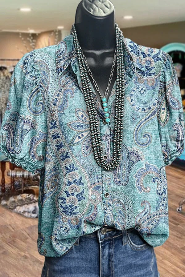 Retro Paisley Print Collared Puff Sleeve Top