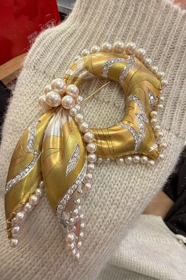 Vintage Silk Scarf and Shell Pearl Brooch