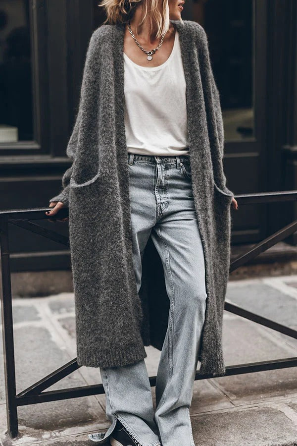 Comfortable Vib Knit Open Front Pocketed Oversized Midi Cardigan