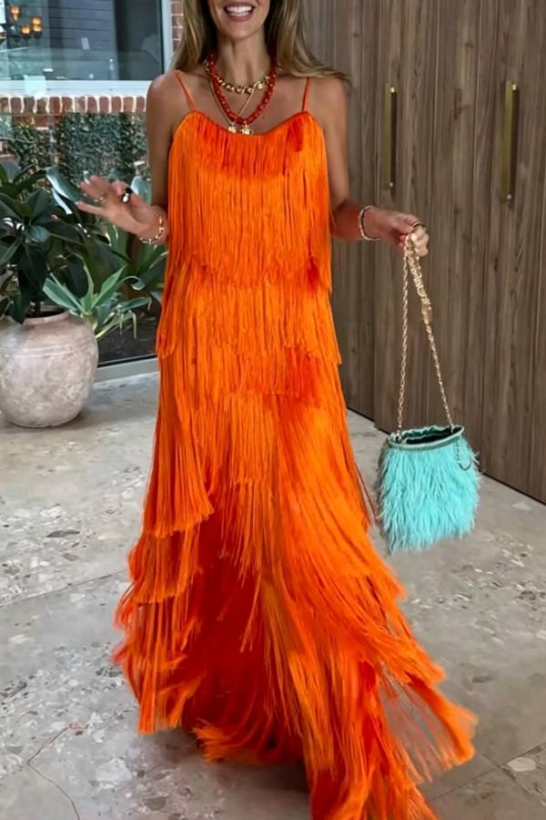 Dynamic Beauty Layered Tassel Design Back Tie-up Maxi Dress