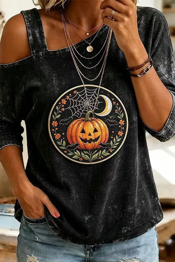 Cozy Fall Vibes Black Cat Print Off-Shoulder Halloween Top