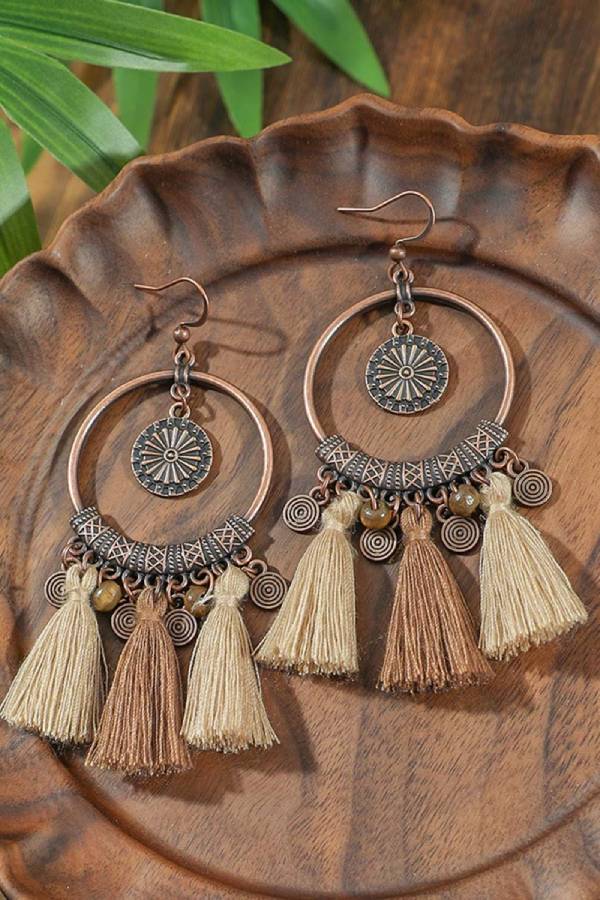 Vintage Distressed Bohemian Tassel Necklace Earrings Set