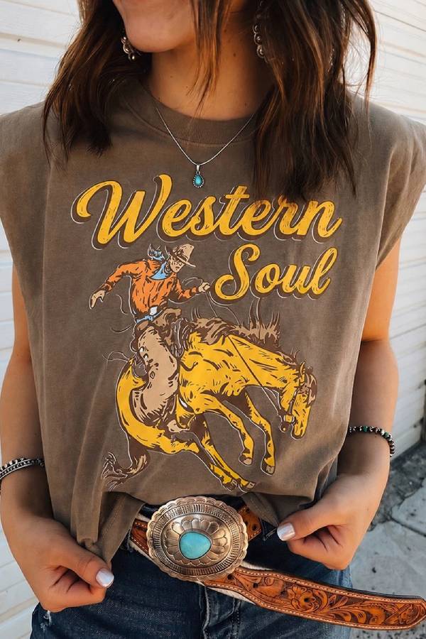Western Cowboy Rider Print Padded‑Shoulder Sleeveless Tank Top