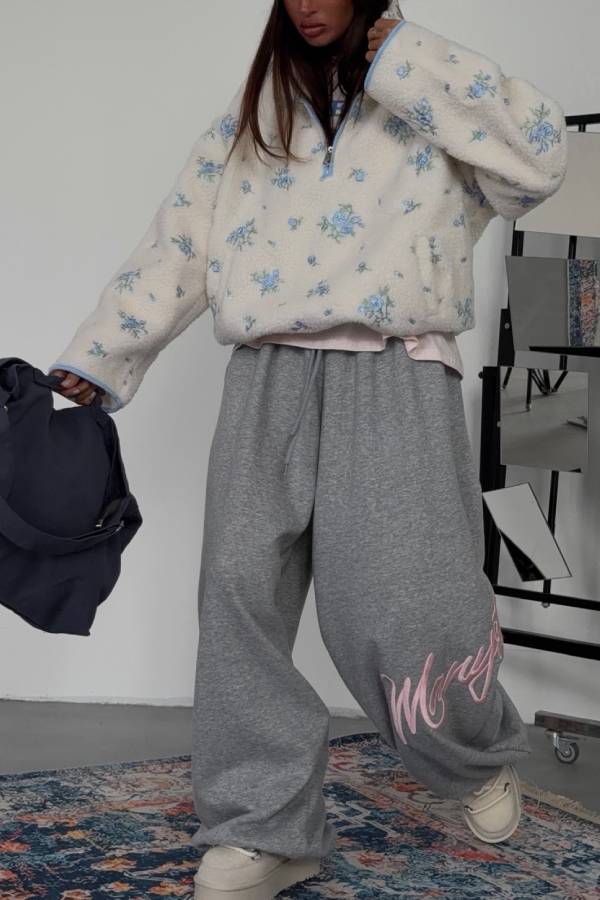 Blue Rose Floral Half Zip Sherpa Fleece Cropped Jacket