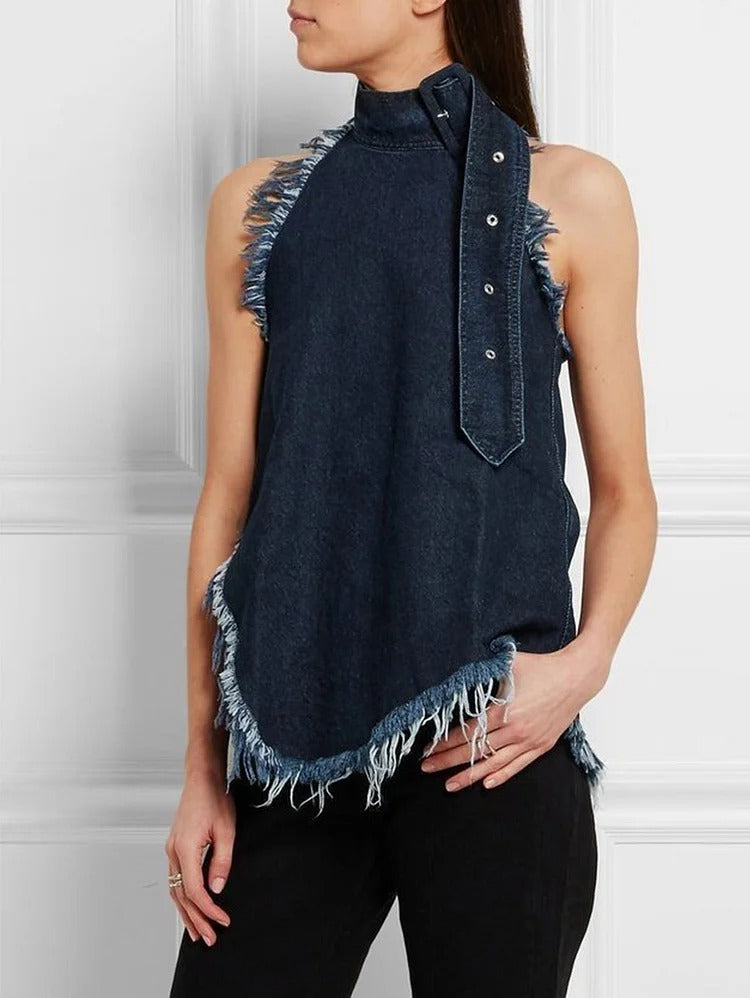 Fashion Plain Stand Collar Sleeveless Asymmetrical Hem Fringed Denim Tank Top