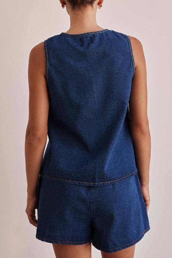 Front Tie Cutout Denim Vest & High Waist Shorts Two Piece Set