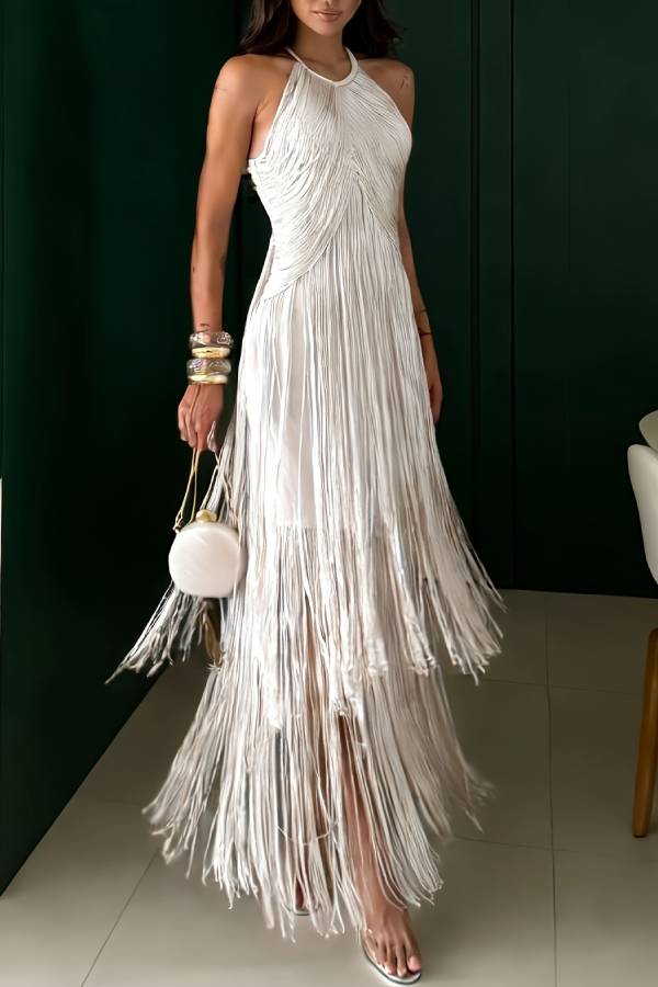 Halter Fringe Long Evening Dress