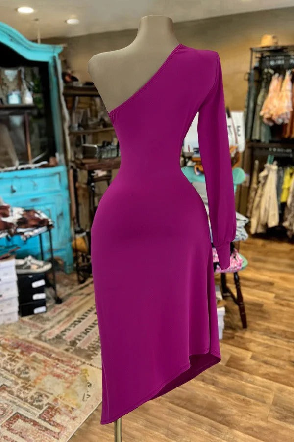 One Shoulder Asymmetrical Solid Color Dress