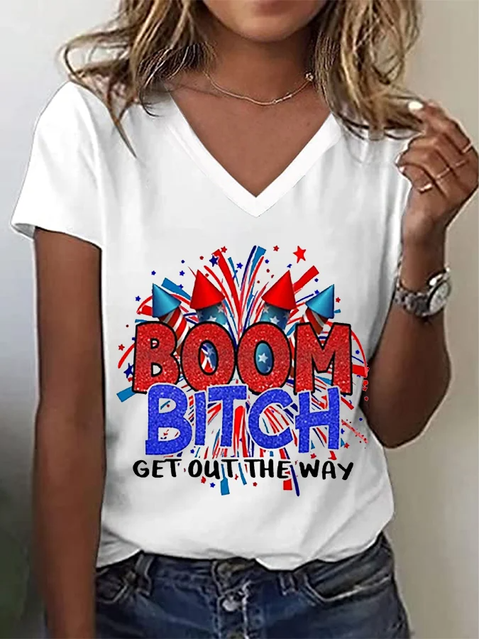 Women's Funny Fireworks 4th Of July Boom Bitch Get Out The Way Casual V-Neck Tee